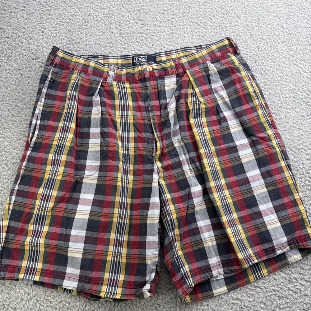 Polo Ralph Lauren Shorts Mens 36 Red White Blue Plaid Chino Pleated Casual VTG